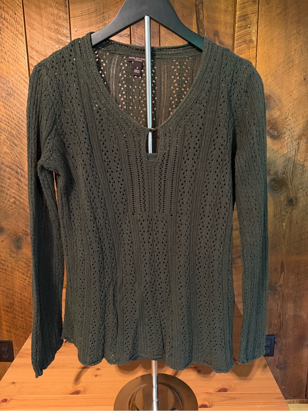 Dana Buchman Olive Green Crochet Open Knit Sweater Boho Earthy Cabincore Top S